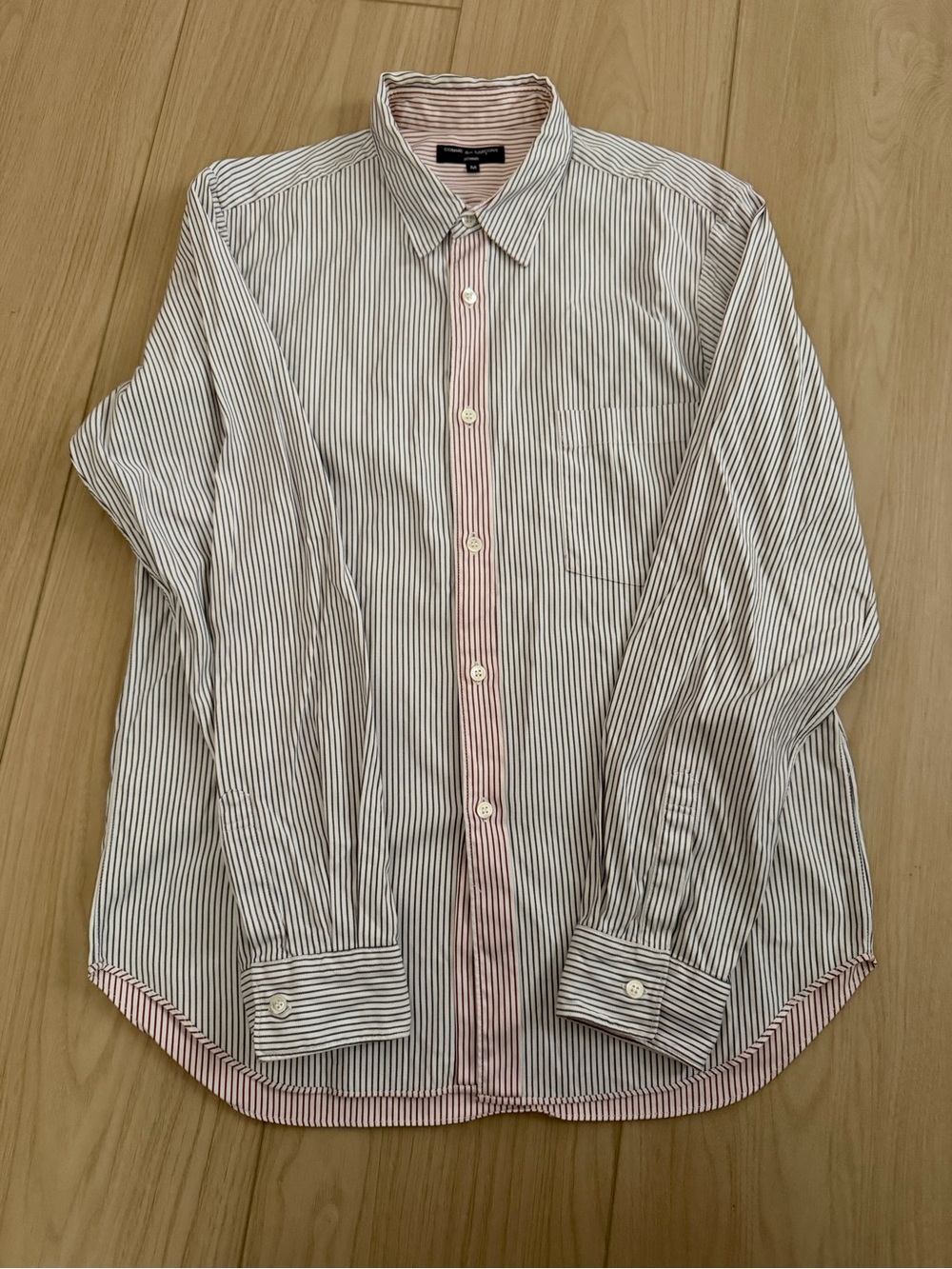 Comme des Garcons Striped Dress Shirt in White, Black & Pink Trim